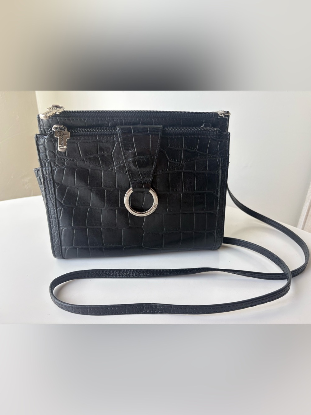 Jack Georges Serena Black Croc Embossed Italian Leather Crossbody Bag